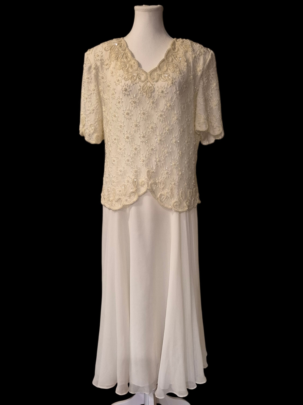 Vintage Ivory Beaded Lace Top Wedding Dress with Chiffon Skirt